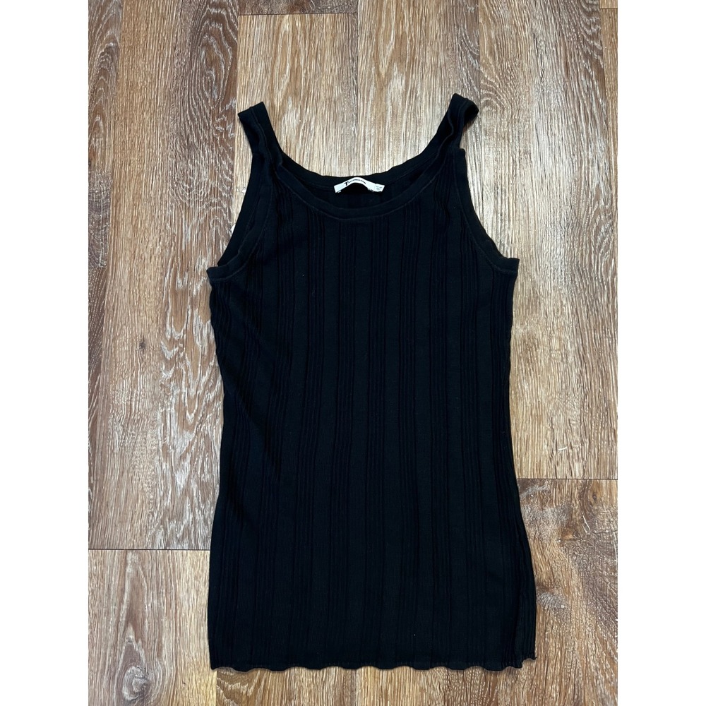 T by Alexander Wang Womens Tank Top Black L Ribbed Knit Scoop Neck Sleeveless